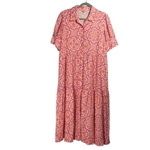 Crown & Ivy Linen Blend Collard Maxi Dress Sz L Pink Print Tiered‎ Cottagecore